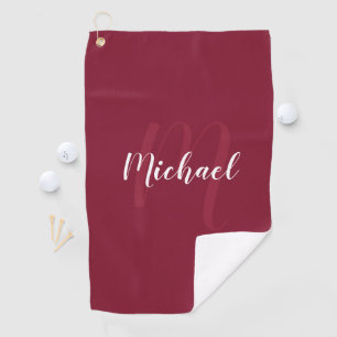 Modern Personalised Monogram and Name Burgundy Red Golf Towel