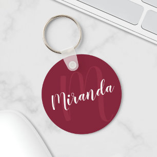 Modern Personalised Monogram and Name Burgundy Red Key Ring