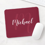 Modern Personalised Monogram and Name Burgundy Red Mouse Pad<br><div class="desc">Personalised Monogram and Name Gift
featuring personalised name in white modern script font style and monogram in light burgundy red modern script font style as background
on burgundy red background.</div>