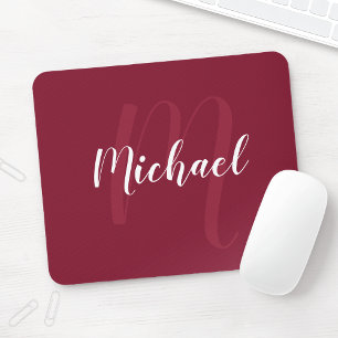 Modern Personalised Monogram and Name Burgundy Red Mouse Pad