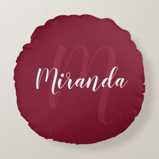 Modern Personalised Monogram and Name Burgundy Red Round Cushion (Front)