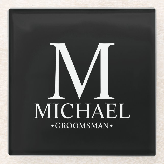 Modern Personalised Monogram and Name Groomsman Glass Coaster (Front)