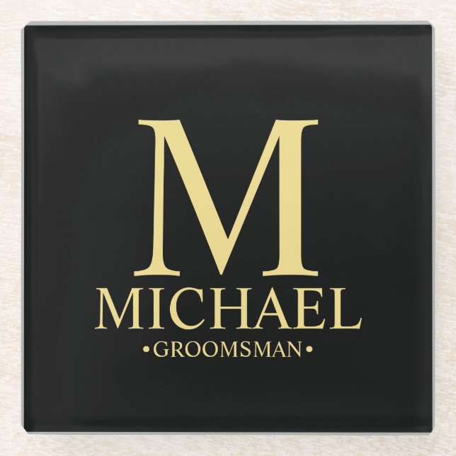 Modern Personalised Monogram and Name Groomsman Glass Coaster (Front)