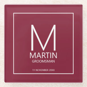 Modern Personalised Monogram and Name Groomsmen Glass Coaster