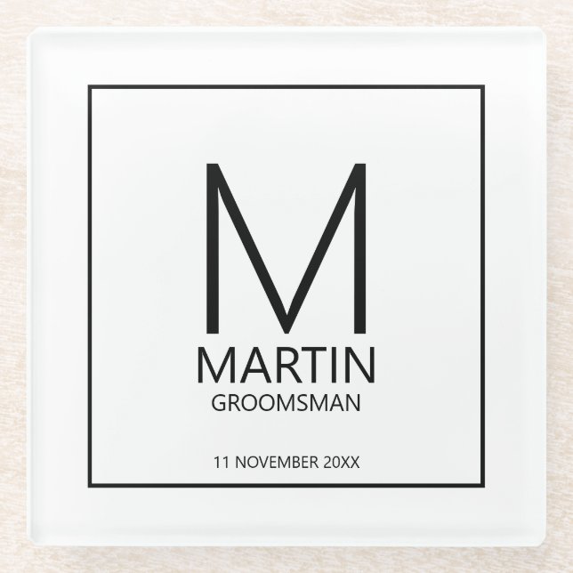 Modern Personalised Monogram and Name Groomsmen Glass Coaster (Front)