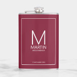 Modern Personalised Monogram and Name Groomsmen Hip Flask<br><div class="desc">Add a personal touch to your wedding with personalised groomsmen flask.
This flask features personalised groomsman's monogram and name with title and wedding date in white modern sans serif font style on burgundy red background.

Also perfect for best man,  father of the bride and more.</div>