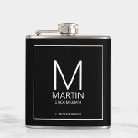 Modern Personalised Monogram and Name Groomsmen Hip Flask<br><div class="desc">Add a personal touch to your wedding with personalised groomsmen flask.
This flask features personalised groomsman's monogram and name with title and wedding date in white modern sans serif font style on black background.

Also perfect for best man,  father of the bride and more.</div>