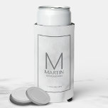 Modern Personalised Monogram and Name Groomsmen Se Seltzer Can Cooler<br><div class="desc">Add a personal touch to your wedding with personalised groomsmen can cooler.
This can cooler features personalised groomsman's monogram and name with title and wedding date in grey modern sans serif font style on white marble background.

Also perfect for best man,  father of the bride and more.</div>