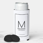 Modern Personalised Monogram and Name Groomsmen Seltzer Can Cooler<br><div class="desc">Add a personal touch to your wedding with personalised groomsmen can cooler.
This can cooler features personalised groomsman's monogram and name with title and wedding date in black modern sans serif font style on white background.

Also perfect for best man,  father of the bride and more.</div>