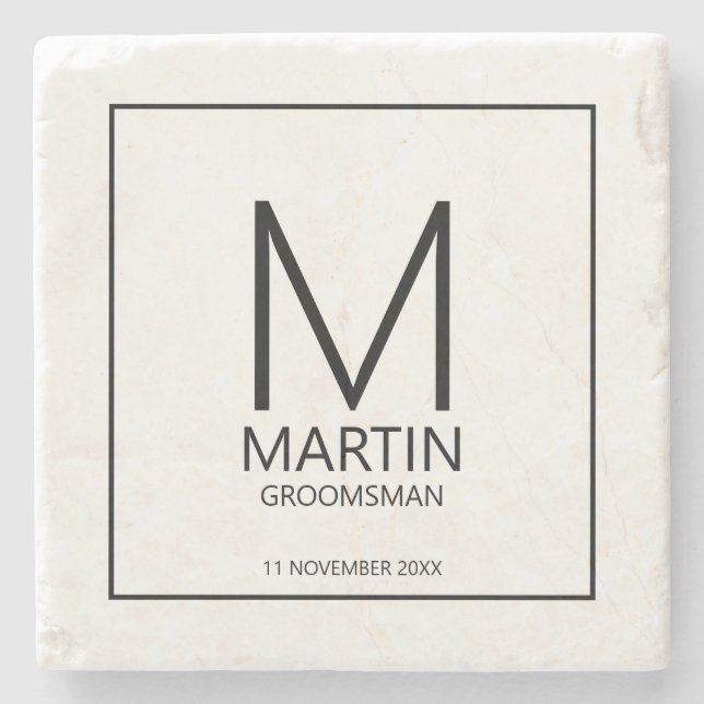 Modern Personalised Monogram and Name Groomsmen Stone Coaster (Front)