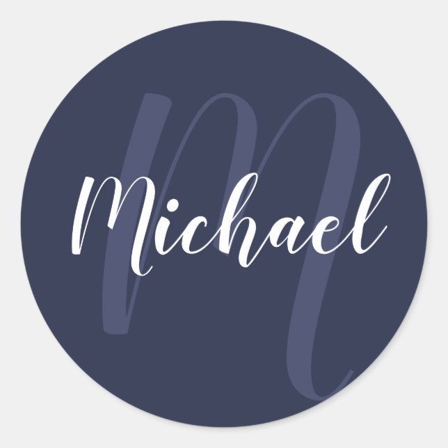 Modern Personalised Monogram and Name Navy Blue Classic Round Sticker (Front)