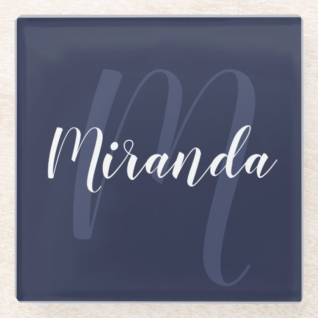 Modern Personalised Monogram and Name Navy Blue Glass Coaster (Front)
