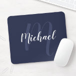 Modern Personalised Monogram and Name Navy Blue Mouse Pad<br><div class="desc">Personalised Monogram and Name Gift
featuring personalised name in white modern script font style and monogram in light navy blue modern script font style as background
on navy blue background.</div>