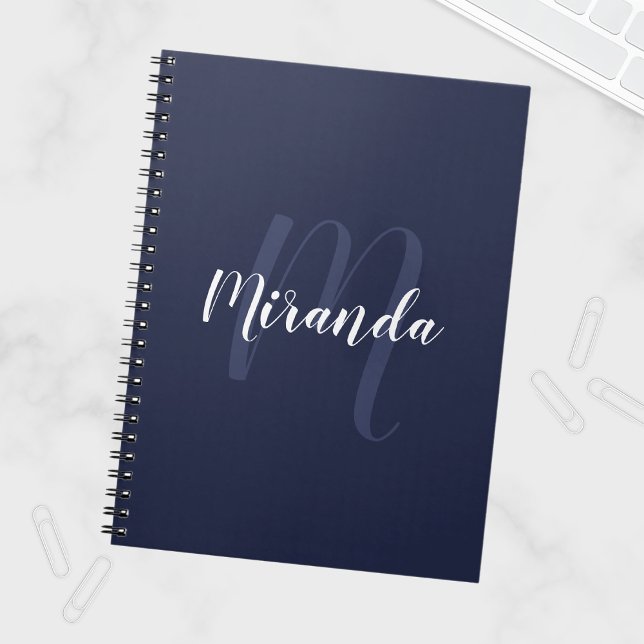 Modern Personalised Monogram and Name Navy Blue Notebook (Creator Uploaded)