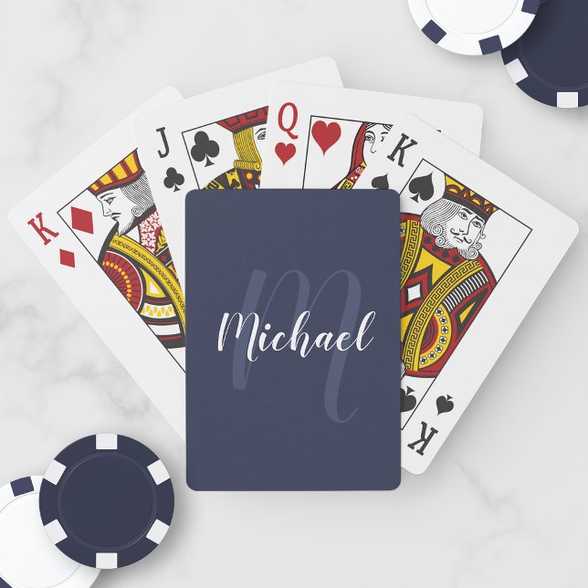 Modern Personalised Monogram and Name Navy Blue Playing Cards (Creator Uploaded)