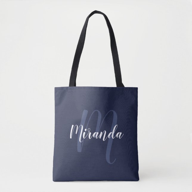 Modern Personalised Monogram and Name Navy Blue Tote Bag (Front)