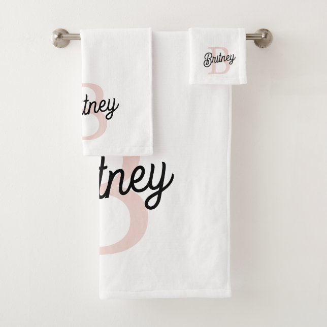 Modern Personalised Monogram and Name Pastel Pink Bath Towel Set (Insitu)