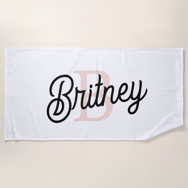 Modern Personalised Monogram and Name Pastel Pink Beach Towel (Front)
