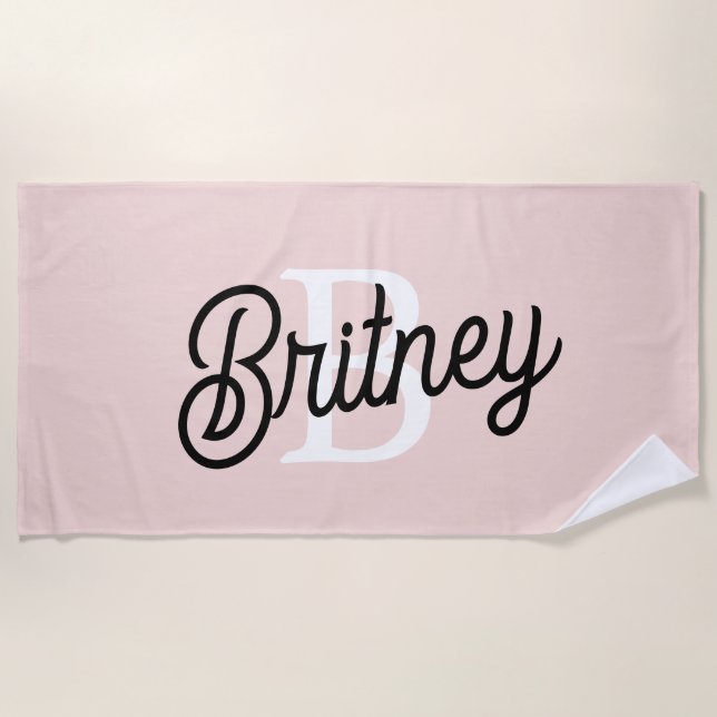 Modern Personalised Monogram and Name Pastel Pink Beach Towel (Front)