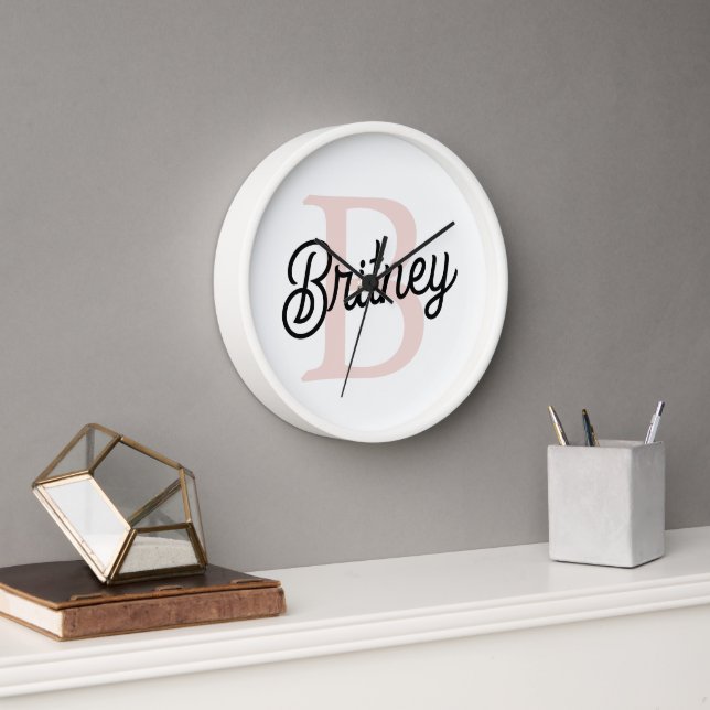 Modern Personalised Monogram and Name Pastel Pink Clock (Office)