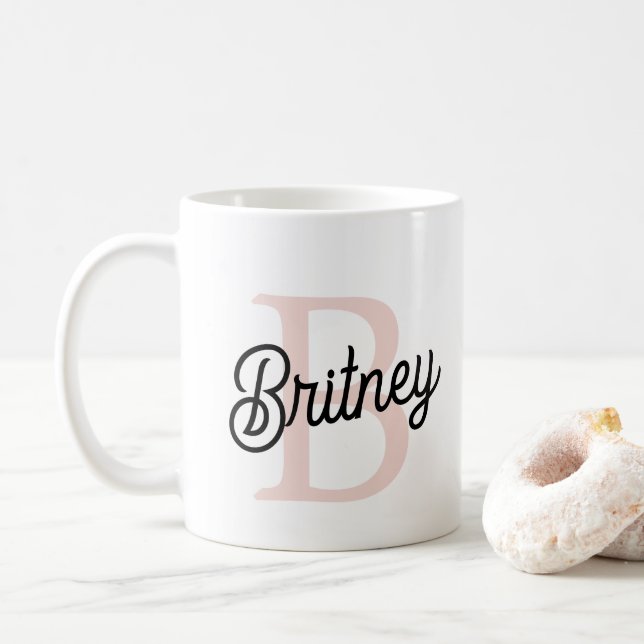 Modern Personalised Monogram and Name Pastel Pink Coffee Mug (With Donut)