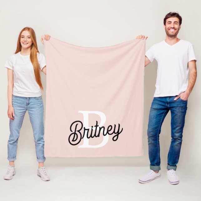 Modern Personalised Monogram and Name Pastel Pink Fleece Blanket (In Situ)