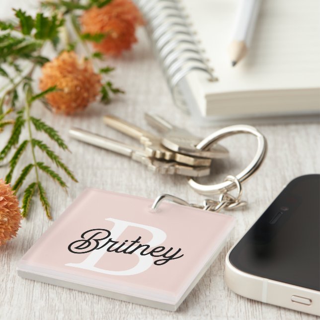 Modern Personalised Monogram and Name Pastel Pink Key Ring (Front Right)