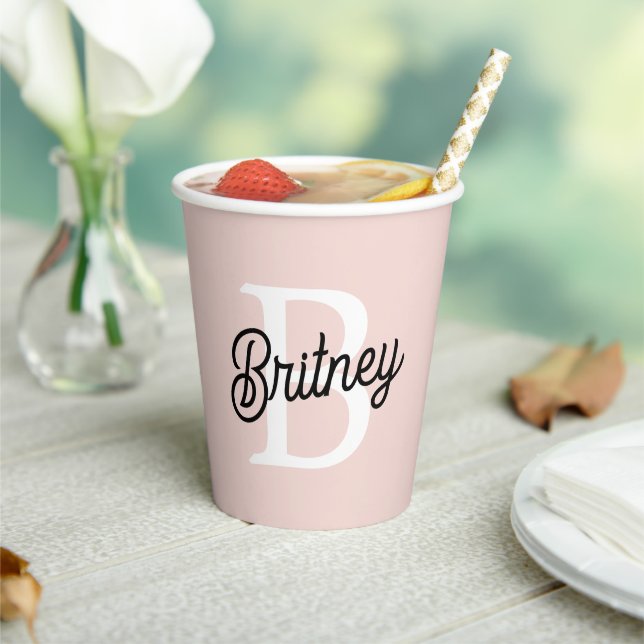 Modern Personalised Monogram and Name Pastel Pink Paper Cups (Insitu)
