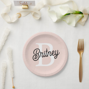 Modern Personalised Monogram and Name Pastel Pink Paper Plate