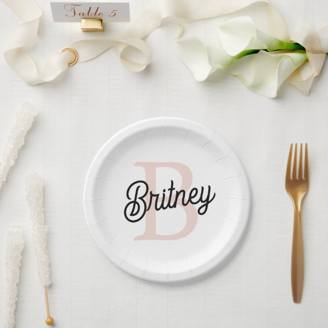 Modern Personalised Monogram and Name Pastel Pink Paper Plate (Wedding)