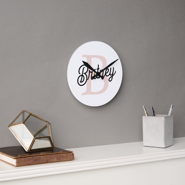 Modern Personalised Monogram and Name Pastel Pink Round Clock (Office)