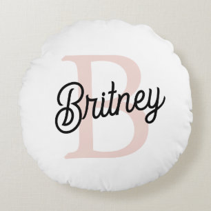 Modern Personalised Monogram and Name Pastel Pink Round Cushion