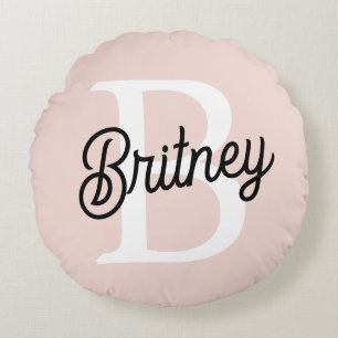Modern Personalised Monogram and Name Pastel Pink Round Cushion