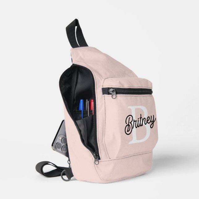 Modern Personalised Monogram and Name Pastel Pink Sling Bag (Open)