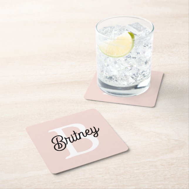 Modern Personalised Monogram and Name Pastel Pink Square Paper Coaster (Insitu)