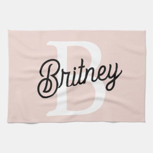 Modern Personalised Monogram and Name Pastel Pink Tea Towel