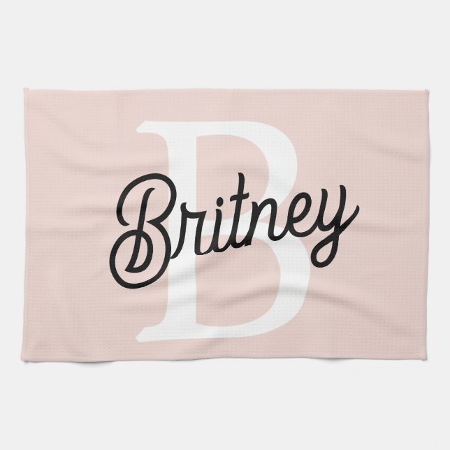 Modern Personalised Monogram and Name Pastel Pink Tea Towel (Horizontal)