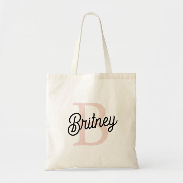 Modern Personalised Monogram and Name Pastel Pink Tote Bag (Front)