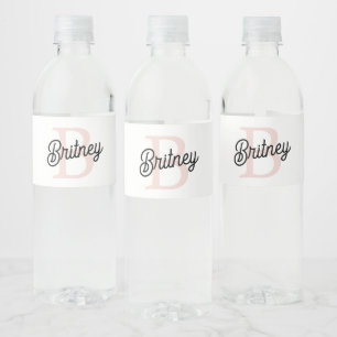 Modern Personalised Monogram and Name Pastel Pink Water Bottle Label