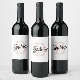 Modern Personalised Monogram and Name Pastel Pink Wine Label