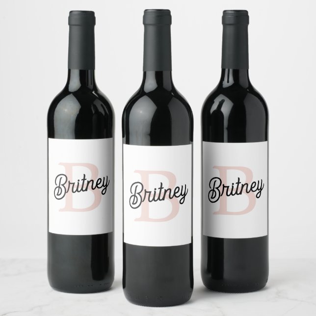 Modern Personalised Monogram and Name Pastel Pink Wine Label (Bottles)