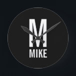 Modern Personalised Monogram and Name Round Clock<br><div class="desc">Modern Black and White Bold Monogram Design featuring personalised monogram and name in modern bold sans serif font style.

Unique gift for dad,  husband,  grandparents and more.
Also perfect as modern loft/minimalist home decor accessories,  birthday gift,  holiday gift,  family reunion gift,  housewarming gift and gift for any special occasions.</div>