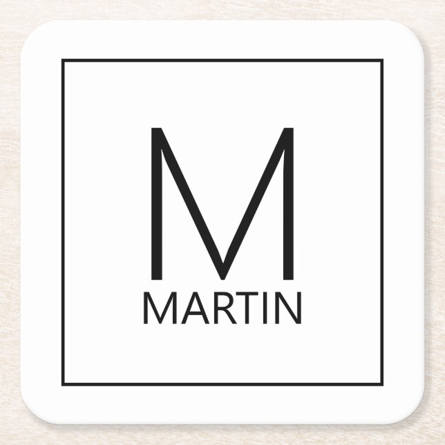 Modern Personalised Monogram and Name Square Paper Coaster (Front)