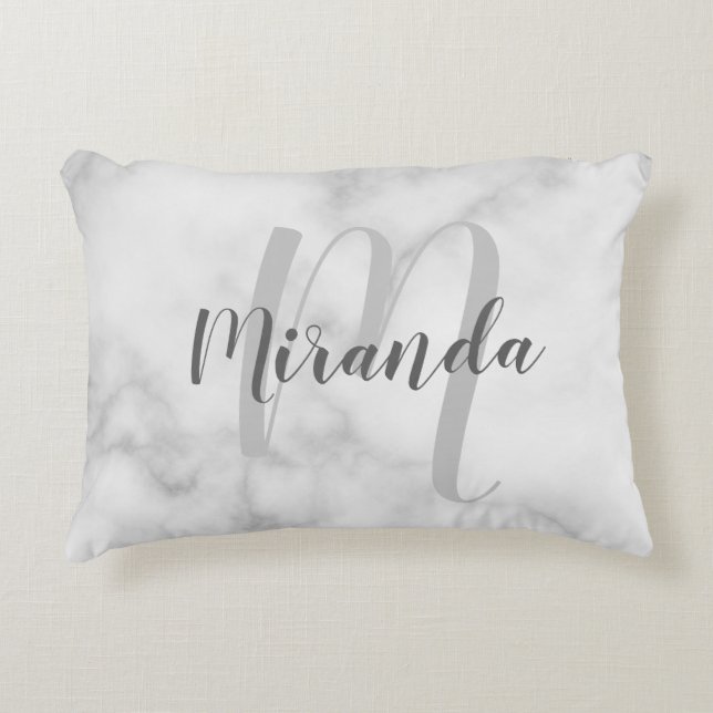 Modern Personalised Monogram and Name White Marble Decorative Cushion (Front)