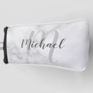 Modern Personalised Monogram and Name White Marble Golf Head Cover