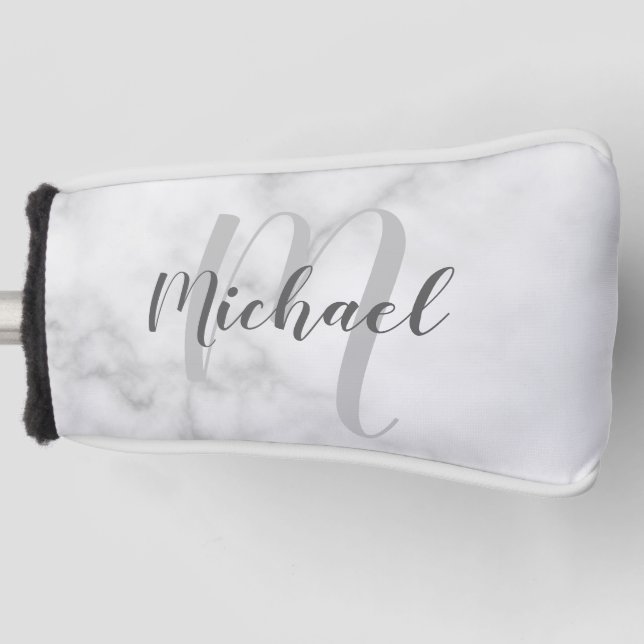 Modern Personalised Monogram and Name White Marble Golf Head Cover (Front)