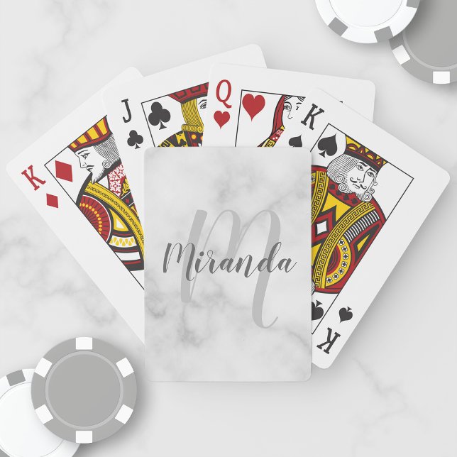 Modern Personalised Monogram and Name White Marble Playing Cards (Creator Uploaded)