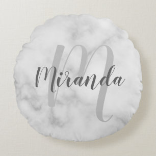 Modern Personalised Monogram and Name White Marble Round Cushion