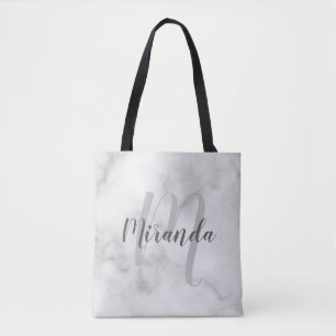 Modern Personalised Monogram and Name White Marble Tote Bag