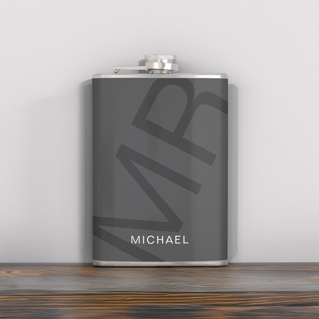 Modern Personalised Monogram Grey Hip Flask (Modern Bold Typography Monogrammed Flask by MINTIC DESIGN STUDIO)